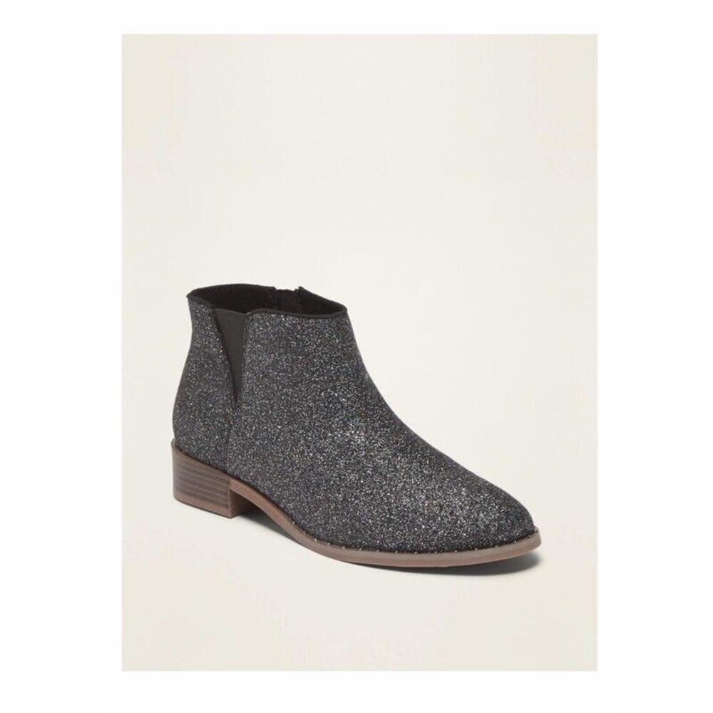 Old Navy Black Shimmer Glitter Side Zip Girls’ Chelsea Ankle Boots Shoes Size 1